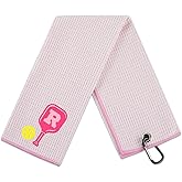 CybGene Embroidered Pickleball Towel, Funny Gift for Women, 16"x 24" Microfiber Towel, Pink, Initial R