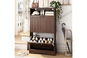 Shoe Storage Cabinet with 2 Flip Drawers, 24" W Farmhouse Modern Hidden Shoes Rack Cabinet with Adjustable Shelves & Open Sto