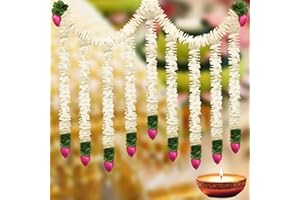 Thiccywoov 30 Inch Diwali Decorations Artificial Jasmine Garland with Lotus Buds Pooja Decoration Indian Traditional Mogra Jasmine Garland Wall Hanging for Varalakshmi Puja (White,5 Pcs)