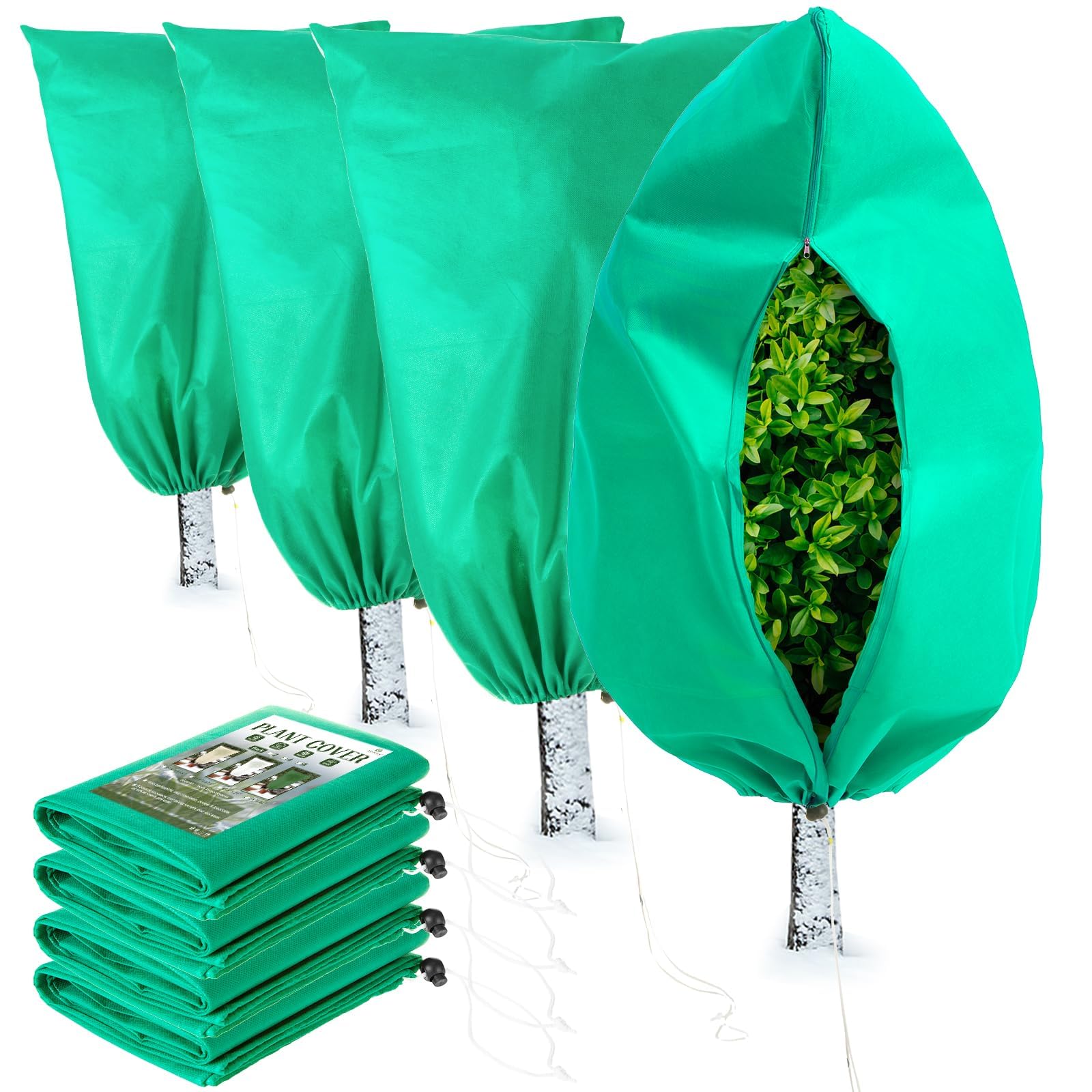 Photo 1 of Homimp Plant Covers Freeze Protection, 4 Pack Frost Covers with Zipper Drawstring (31.5" x 47.3") Plant Protection Cover Bags for Outdoor Winter Frost Cold Weather Shrubs Trees Jacket Covers(Green)