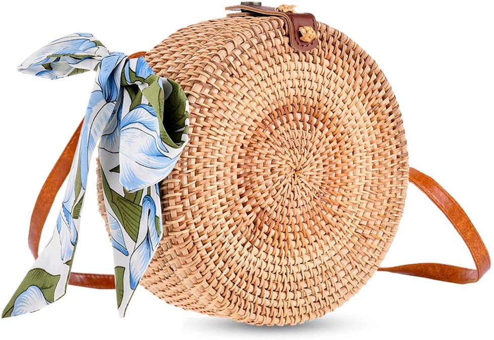 Rattan Bags for Women, Xmeng Straw Round Bali Ata Handbags Woven Circle Crossbody Wicker Purse Adjustable Strap Boho Bag