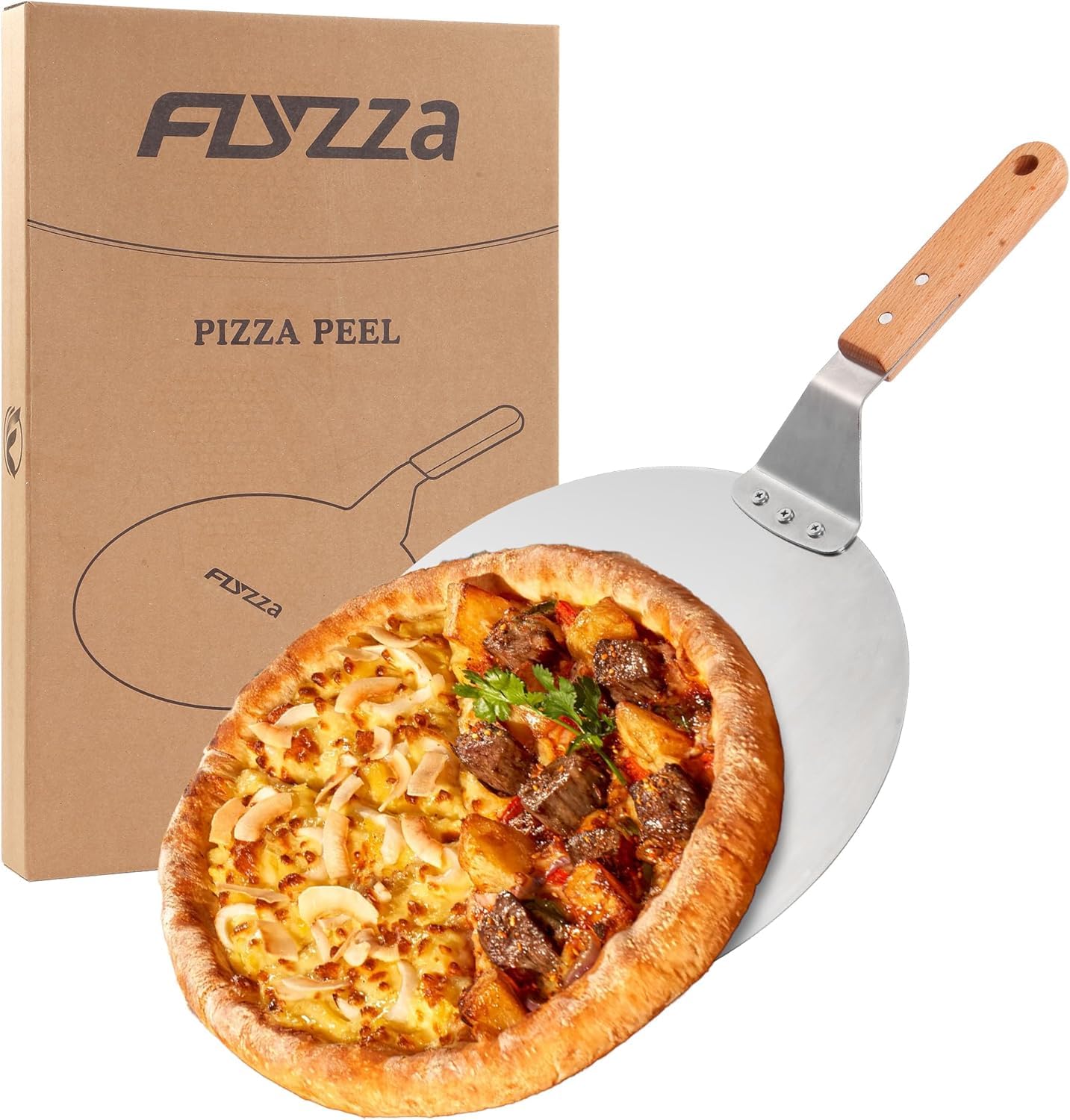 Photo 1 of FLYZZA 12 Inch Stainless Pizza Peel, Pizza Spatula with Ergonomic Long Wood Handle for Pizza Oven Baking, Turing Peel for Pizza, Dough, Bread Pastry