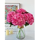 YalzoneMet 4Pcs Magenta Silk Hydrangea Artificial Flower Rose Red Lifelike Big Blooms 20'' Long Stem Faux Hydrangea Flower Bouquets for Home Party Indoor Outdoor Wedding Table Centerpiece Decor