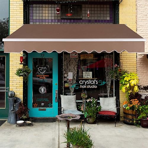 JFIEEI 12x10 Feet Patio Retractable Awning Manual Exterior Canopy Outdoor Deck Window Door Cover Sunshade Shelter Pergola for Courtyard Balcony Shop Restaurant Cafe, Sandy Color