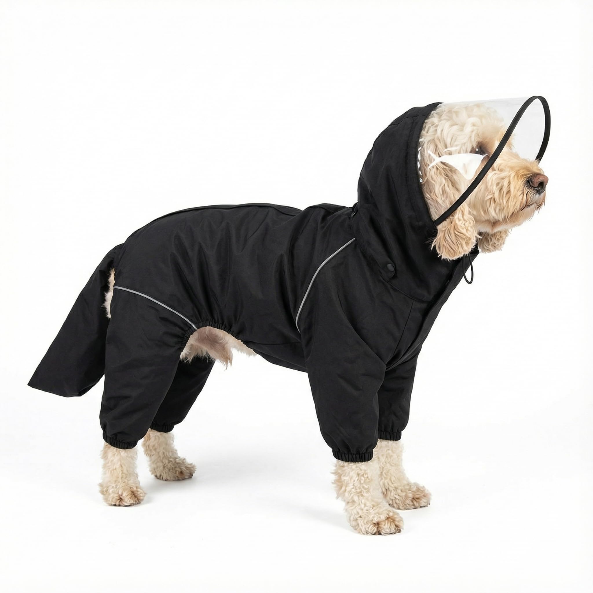 Photo 1 of Dog Raincoat for Medium Large Dogs,rain Jacket Coat, Full Leg Coverage Waterproof Rain Suit with Detachable Hood & Tail, Reflective Strips, Snag-Free Top Zipper (Black for Boy, XX-Small)