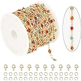 KYUNHOO 5M Colorful Crystal Rhinestones Jewelry Chain Link Gold Plated Brass Chain Bulk for Women Necklace Making Jewelry Supplies DIY Handcrafts with Lobster Clasps and Jump Rings