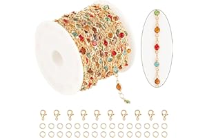 KYUNHOO 5M Colorful Crystal Rhinestones Jewelry Chain Link Gold Plated Brass Chain Bulk for Women Necklace Making Jewelry Supplies DIY Handcrafts with Lobster Clasps and Jump Rings