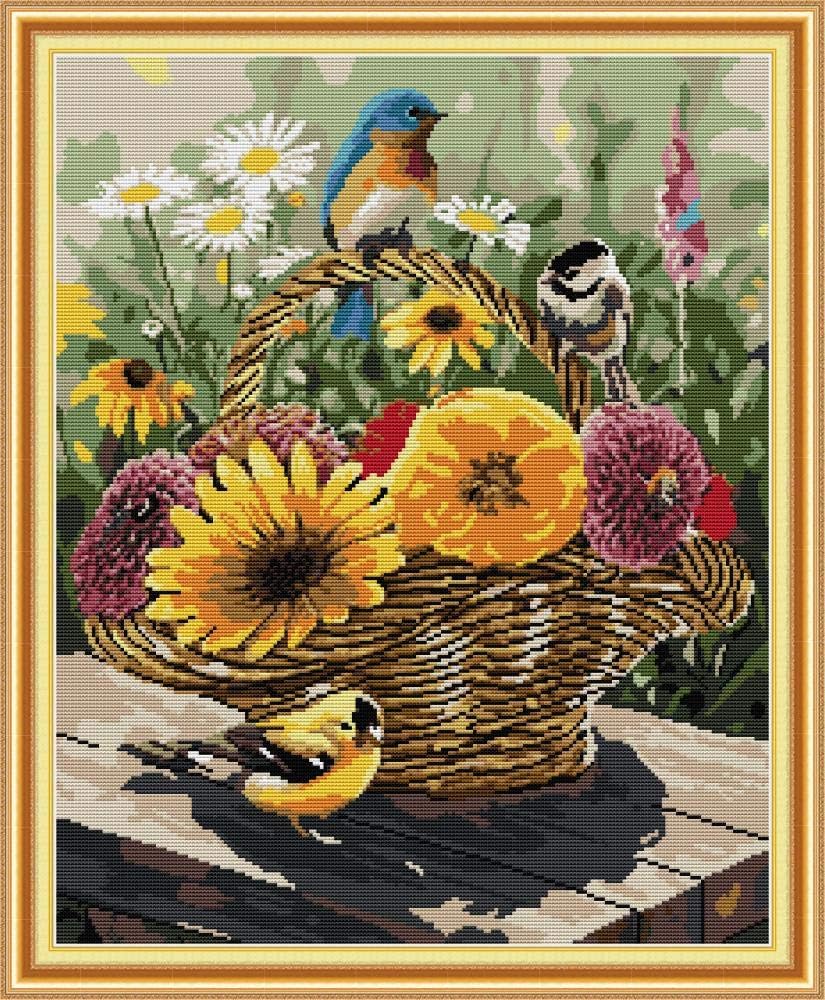 CaptainCrafts Hot New Stamped Cross Stitch Kits Preprinted Pattern and Counted White Fabric Embroidery Needlepoint Adults Kits for Home Decor Crafts Kit Bird and Flower Basket (Counted 14CT)