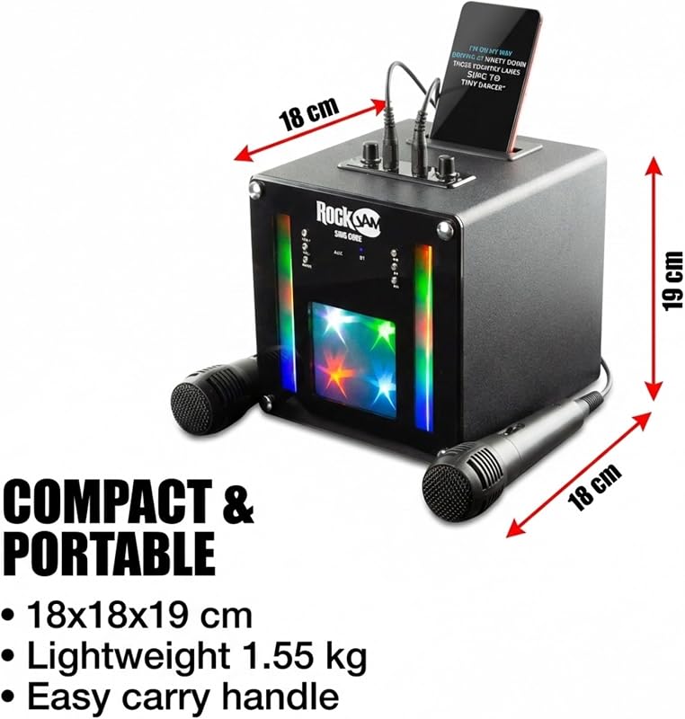 Singcube - Máquina de Karaoke Bluetooth recarregável de 5 watts com dois microfones, efeitos de alteração de voz e luzes LED, cor preta