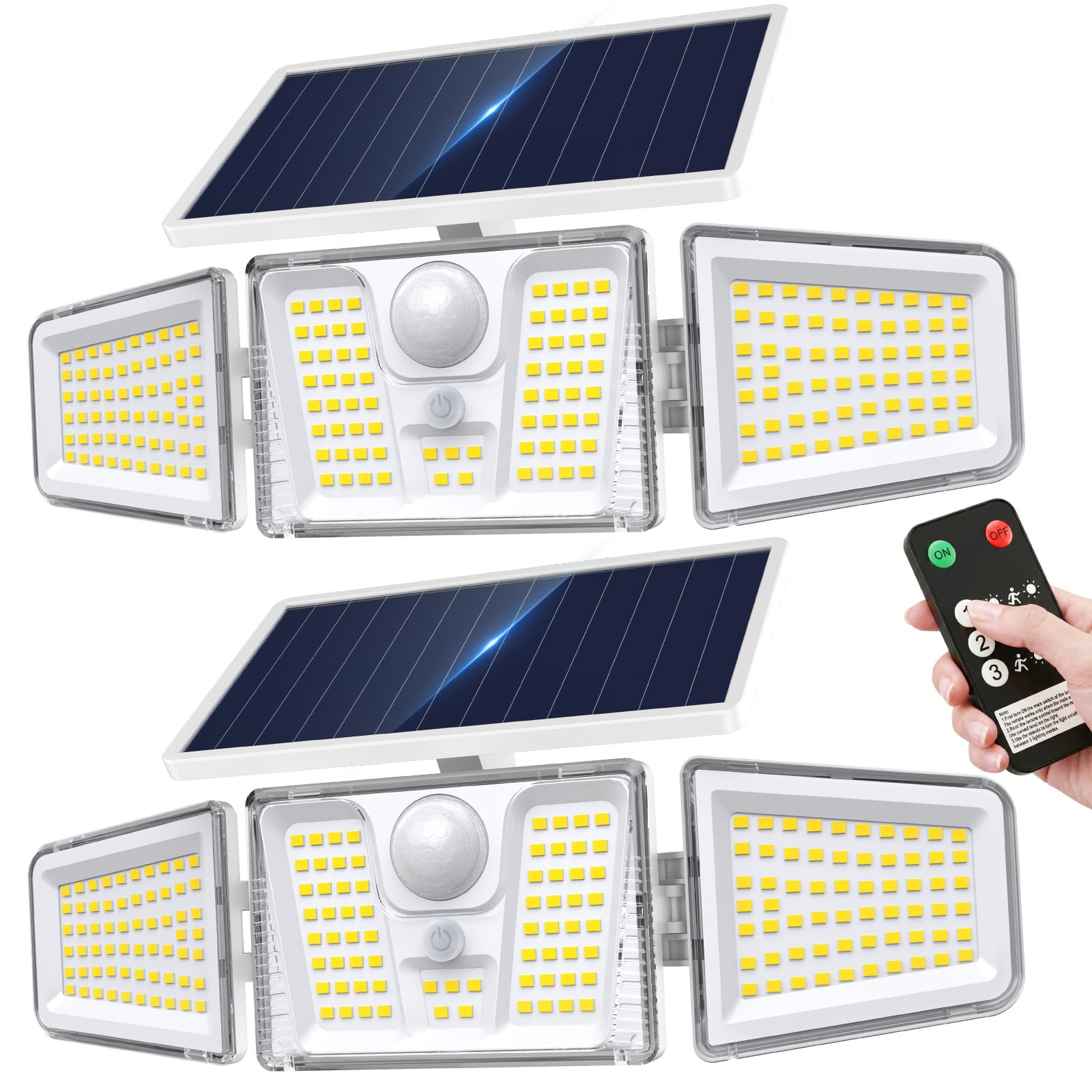 KOOPER Solar Motion Lights Outdoor, 210 LED Remote Solar Flood Lights 2PK | 3 Heads 300°Motion Sensor Outdoor Lights, 3 Modes