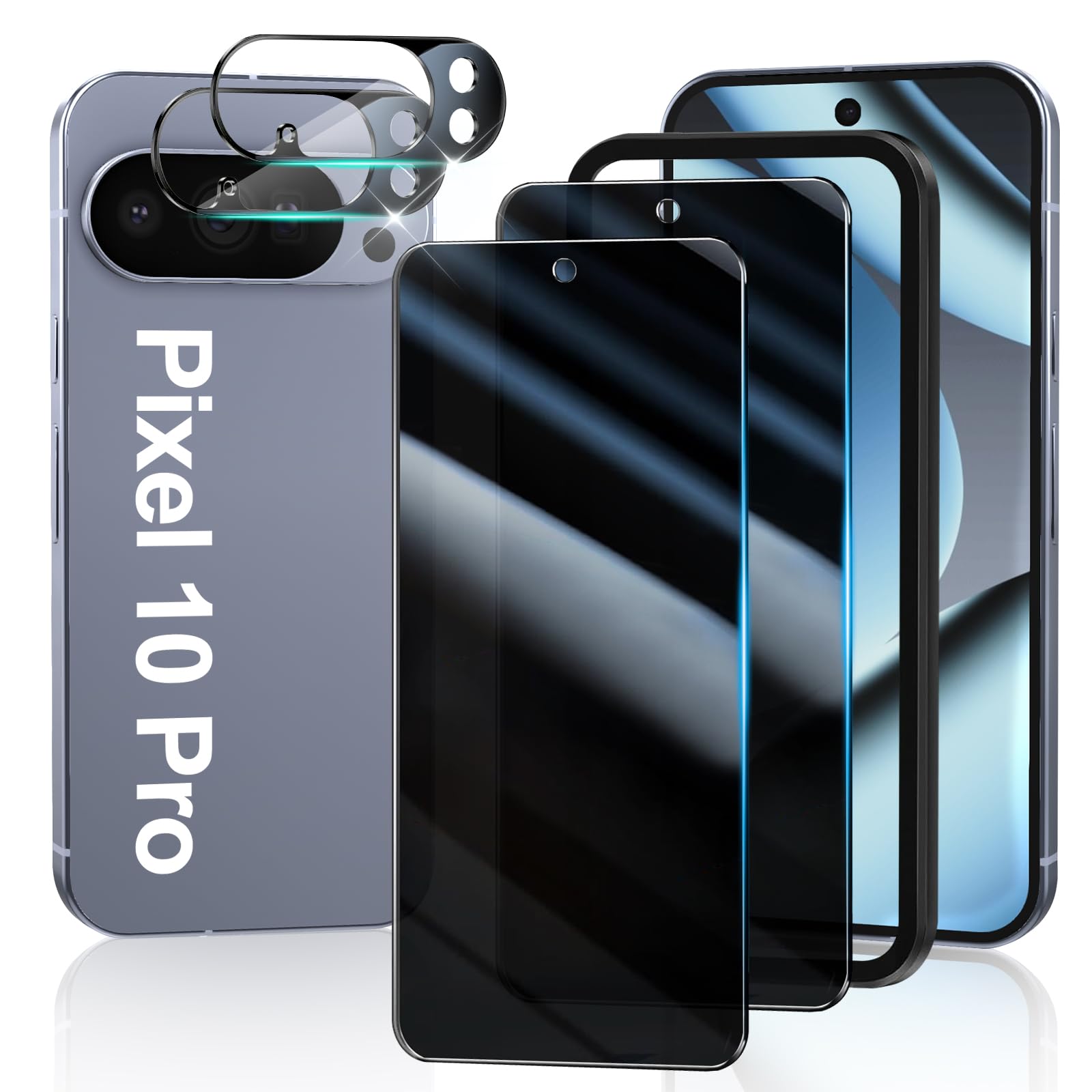 [2+2 Pack] Privacy Screen Protector Compatible with Pixel 10 Pro 5G - 2 Tempered Film - 2 Camera Lens Glass - Easy Installation Tool - High Clarity - Bubble Free - Anti-Spy Protection