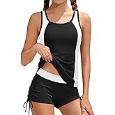 HOTOME Girls Swimsuit Two Piece Color Block Adjustable Strap Tankini Sets with Drawstring Shorts Bathing Suit for Girls 9-16Y