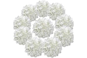 Flojery Silk Hydrangea Heads Artificial Flowers Heads with Stems for Home Wedding Decor,Pack of 10 (White)