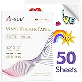 A-SUB Premium Printable Vinyl Sticker Paper for Inkjet Printers, 50 Sheets Matte White Waterproof Sticker Paper 8.5x11 Inch f