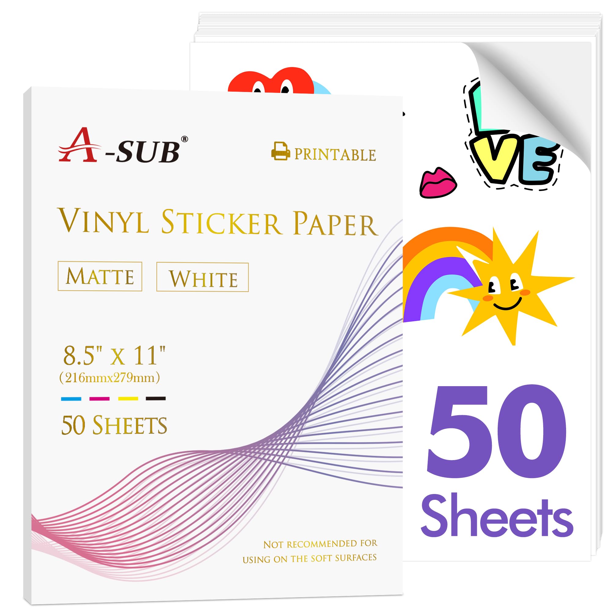 Photo 1 of A-SUB Premium Printable Vinyl Sticker Paper for Inkjet Printers, 50 Sheets Matte White Waterproof Sticker Paper 8.5x11 Inch for Making Your Own Stickers at Home