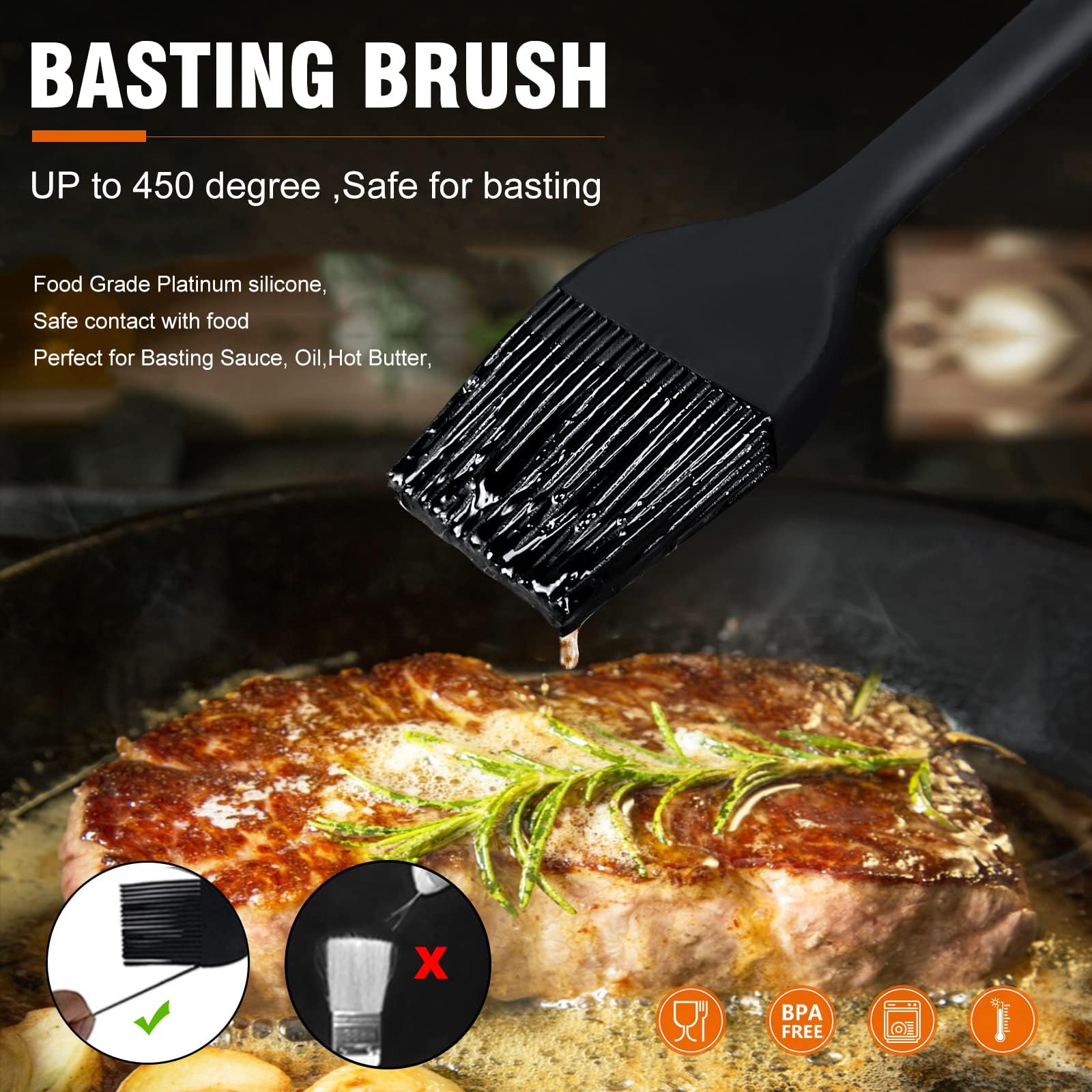 Walfos 3 Size Basting Brush, High Heat Resistant Silicone Pastry Brushes for Barbecue, Baking, Kitchen Cooking, Desserts- Strong Stainless Steel Core Technology