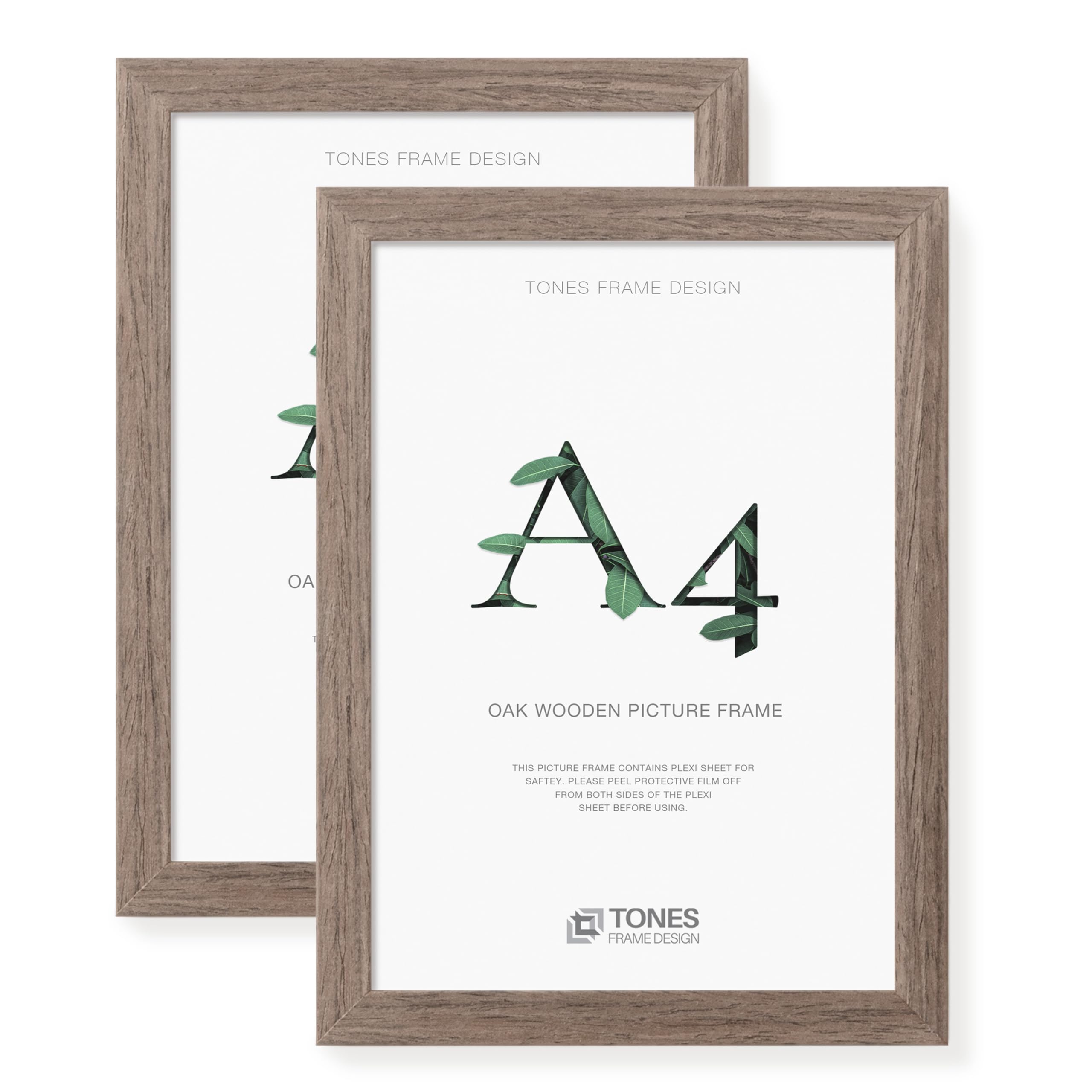 TONES FRAME DESIGN A4 Frame, 2-Pack, 21 x 29.7 cm Wooden Picture Frames with Brown Oak Veneer, Shatter-Resistant Plexiglass, Wall Frames for Portrait or Landscape, Posters, Prints, Photographs