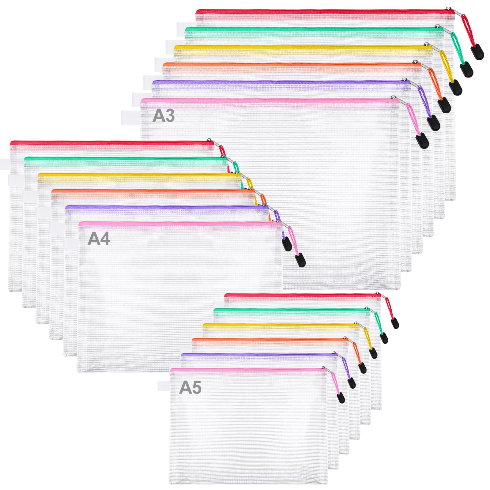 18PCS Plastic Zip Wallets Folders 3 Sizes Clear Mesh Zipper Pouch Zipper File Bags in A3 A4 A5 Stationary Bag Organizer Carrier for School Office Travel Supplies