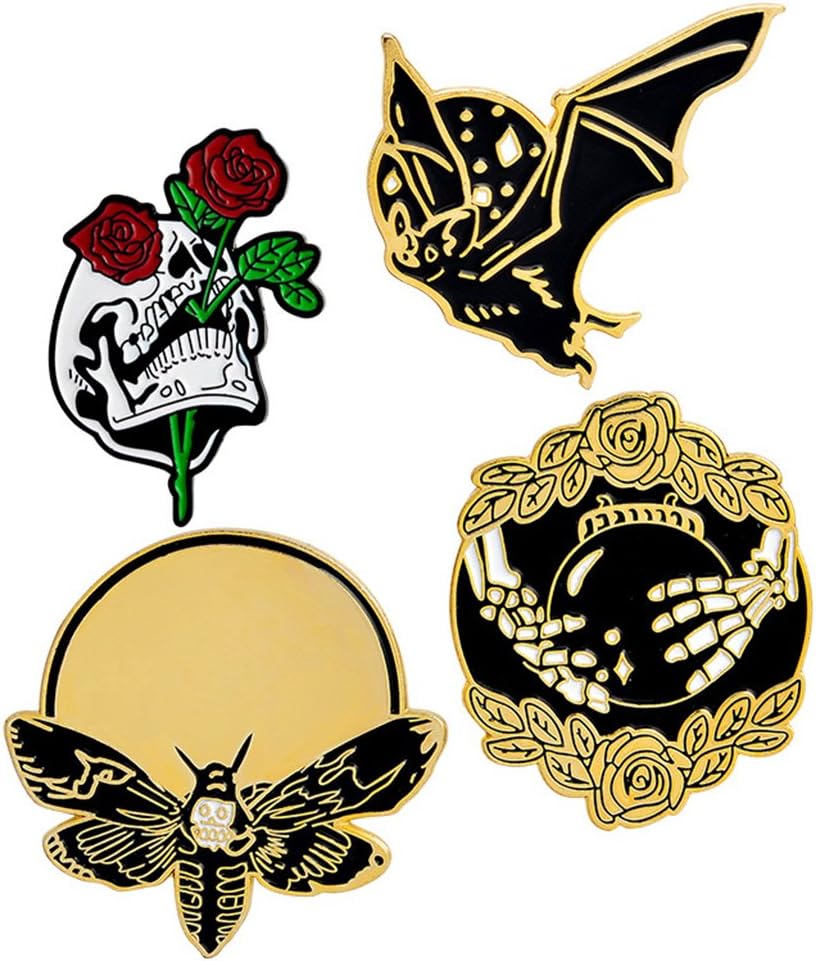 4 Pcs Punk Enamel Brooch Pin Bat Bee Skeleton Collar Pins Badge Corsage Brooch,Gold