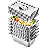 Hotel Pan with Lids 6 Pack 1/4 Size 4" Deep Stainless Steel Steam Table Pan, Commercial Food Pans for Catering Buffet Chafing Dish Pans Metal Steam Tray (1/4 Size x 4 Inch Deep, 6 Pack)