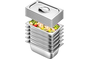 CHIEFINCH Hotel Pan with Lids 6 Pack 1/4 Size 4" Deep Stainless Steel Steam Table Pan, Commercial Food Pans for Catering Buffet Chafing Dish Pans Metal Steam Tray (1/4 Size x 4 Inch Deep, 6 Pack)