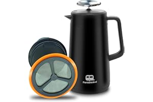 PortableAnd 34oz Double Vacuum Insulation Large Silicone French Press Coffee Maker with Silicone Ring, Stainless Steel, Perfect for Camping, Travel, and At-Home Use (Matte Black)