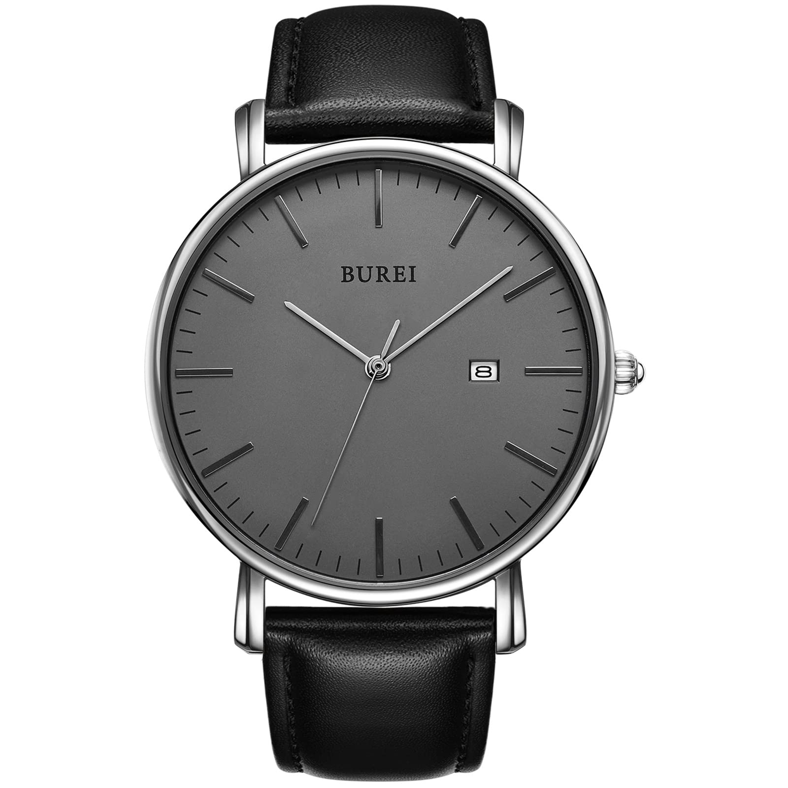 BUREI Men's Watches, Classic Analogue Dial with Date Japanese Quartz and Ultra-Thin Stainless Steel Mesh Band (Grey Black, Leather)