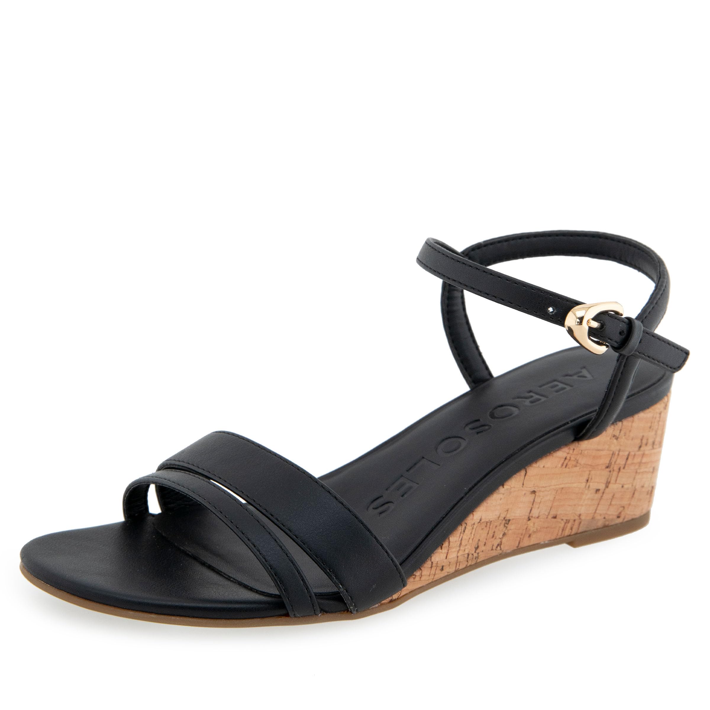 Aerosoles Women’s Witt Wedge Sandal, Black Faux Leather/Cork Heel, 10W