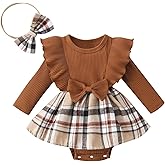 Newborn Baby Girl Fall Winter Outfit Set Plaid Romper Dress Ruffles Long Sleeve Clothes Jumpsuit with Bow Headband