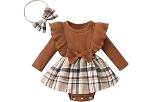 MADJTLQY Newborn Baby Girl Fall Winter Outfit Set Plaid Romper Dress Ruffles Long Sleeve Clothes Jumpsuit with Bow Headband