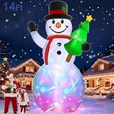 14 FT Large Christmas Inflatables Snowman with Rotating Colorful Light | Build-in LEDs, Huge Christmas Decorations Outdoor, Blow Up Snowman with Xmas Tree & Hat, Yard/Garden, Holiday Party Decor