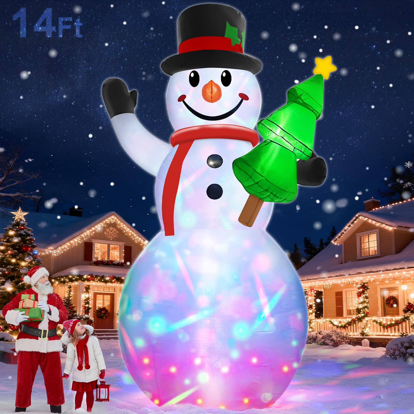 Photo 1 of 14 Ft by 7.5 Ft Large Christmas Inflatables Snowman Outdoor Decorations Build-in Rotating Colorful Light, Huge Snowman Inflatable with Christmas Tree & Hat Blow Up Yard Decor for Lawn Garden Outside **CORD IS BROKEN SHOWN IN PIC 