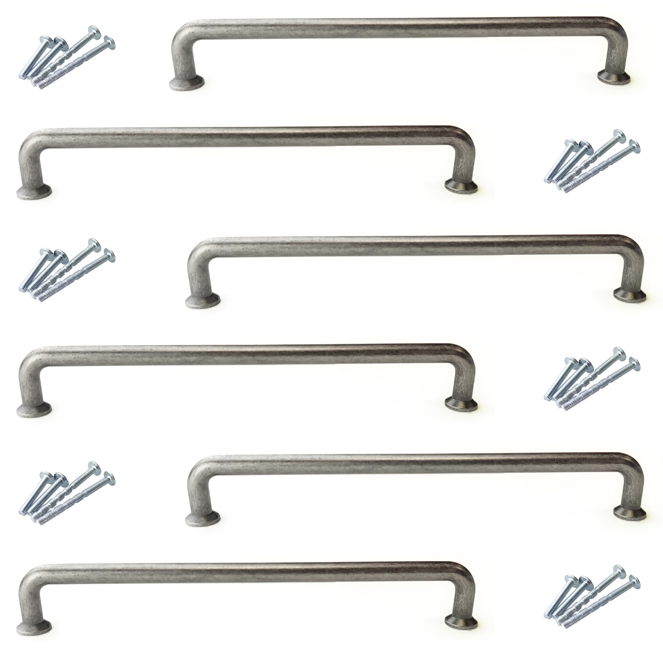 French Furniture Fittings Cupboard Pulls, Set of 6 Cabinet Handles, Antique Pewter, for Kitchen cupboards and Drawers (192mm Between fixings)