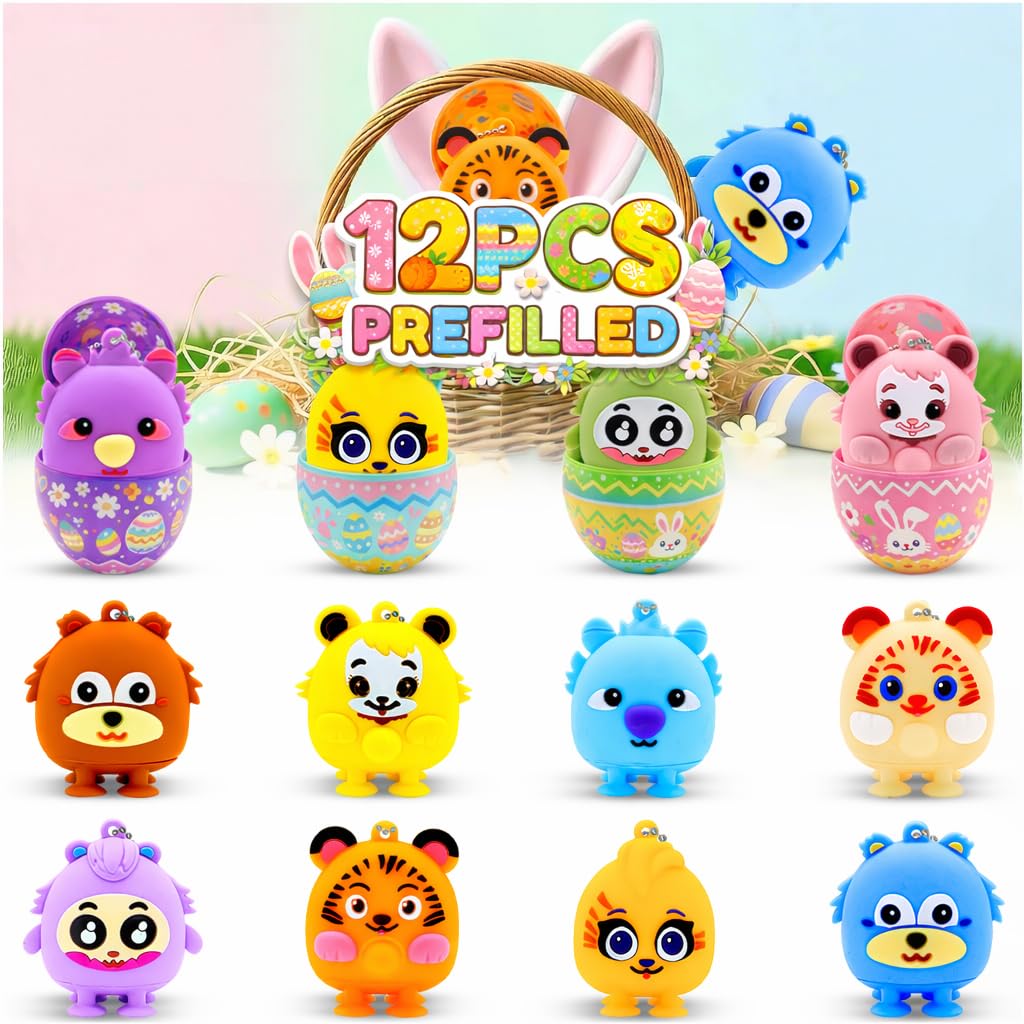 Pistroy 12 Pack Easter Eggs Prefilled with 3D Animal Suction Toys, Fidget Pop Toys for Kids Boys Girls, Easter Basket Stuffers, Goodie Bags & School Classroom Party Favors