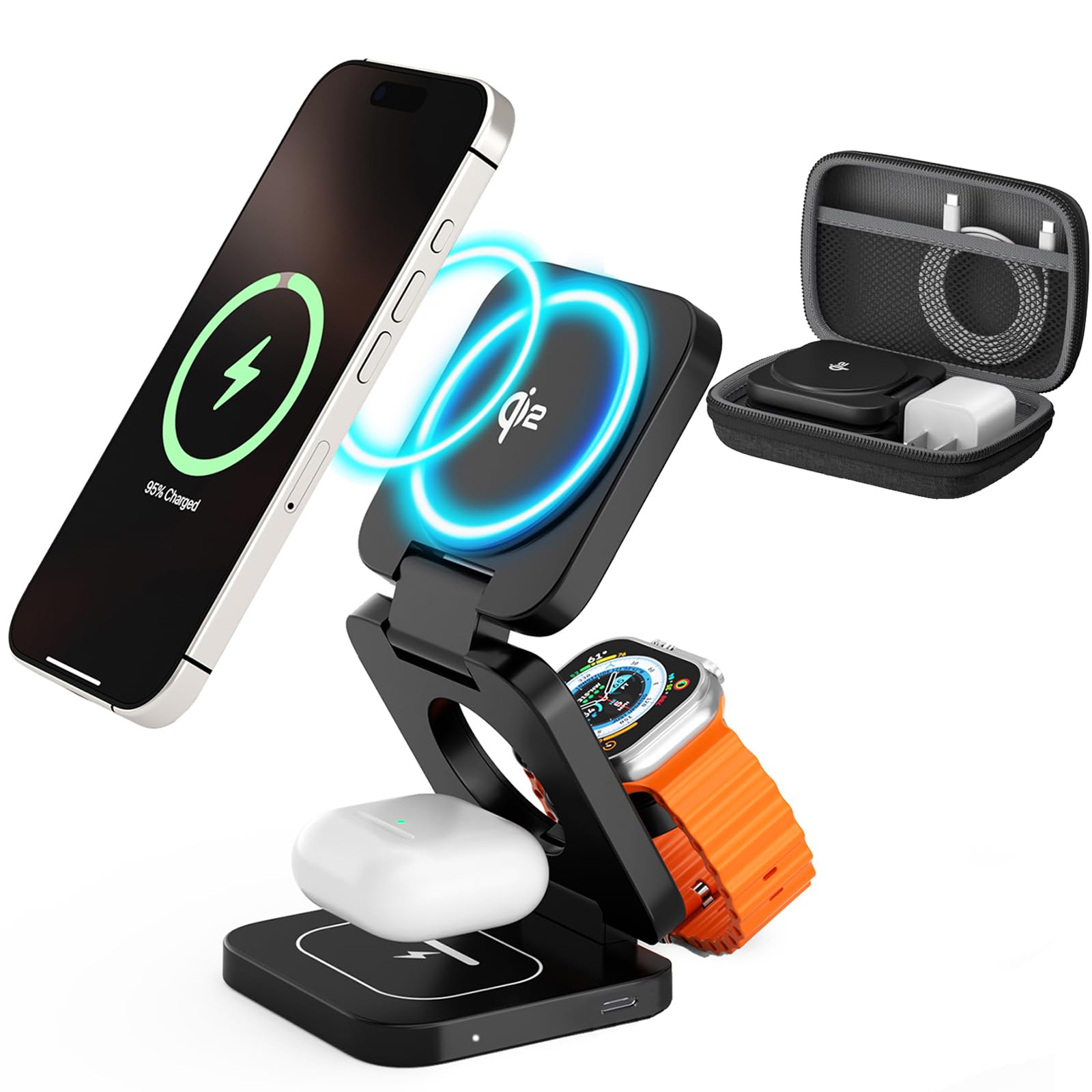 Photo 1 of ?2025 Upgraded? Wireless Charging Station, 3 in 1 Foldable Mag-Safe Charger Stand for Apple Devices, Qi2 Travel Magnetic Charger Stand for iPhone 16 15 14 13 12 Pro Max Plus Apple Watch AirPods