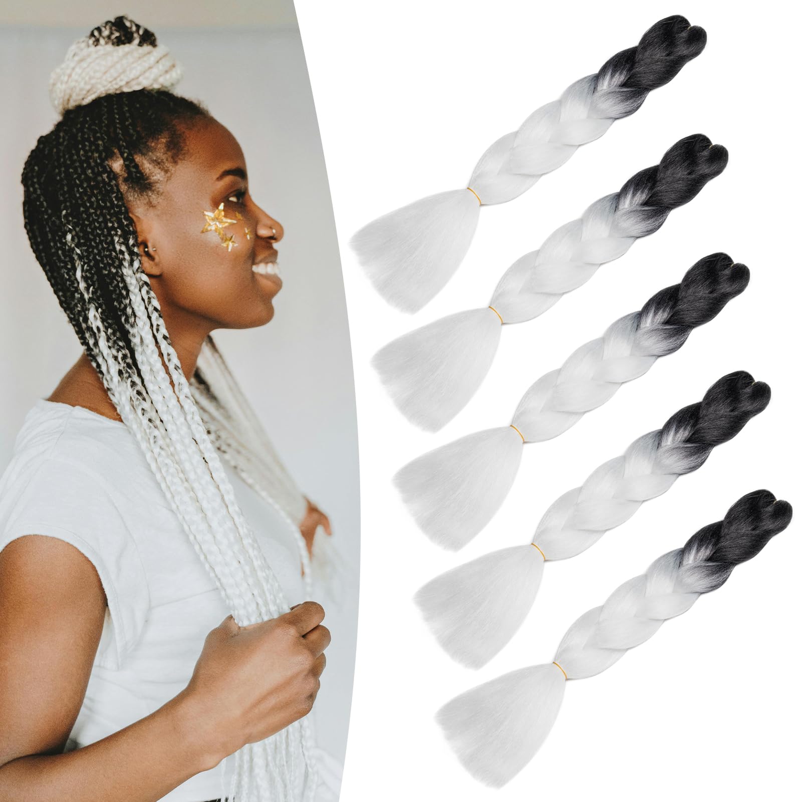Dcbaboo Hair Extensions for Braiding Jumbo Braiding Hair Extension 5packs 24inch Synthetic Hair Kanekalon Ombre Braids Extensions Hair Afro Crochet Twist Box Braids 500g, Black-White