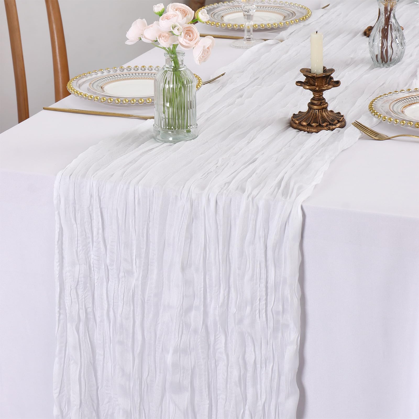 LOMOHOO CheeseCloth Table Runner 118 Inches Long,Boho Gauze Table Runners,Rustic Table Runner for Wedding Table Decoration Kitchen Dining Room Birthday Party,Beige (White, 90cmx300cm)