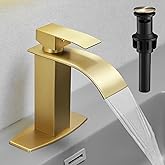 Hoimpro Brushed Gold Waterfall Spout Single Hole Bathroom Faucet, Stainless Steel Single Lever Bathroom Vanity Sink Faucet with Drain, cUPC Hose and Deck Plate