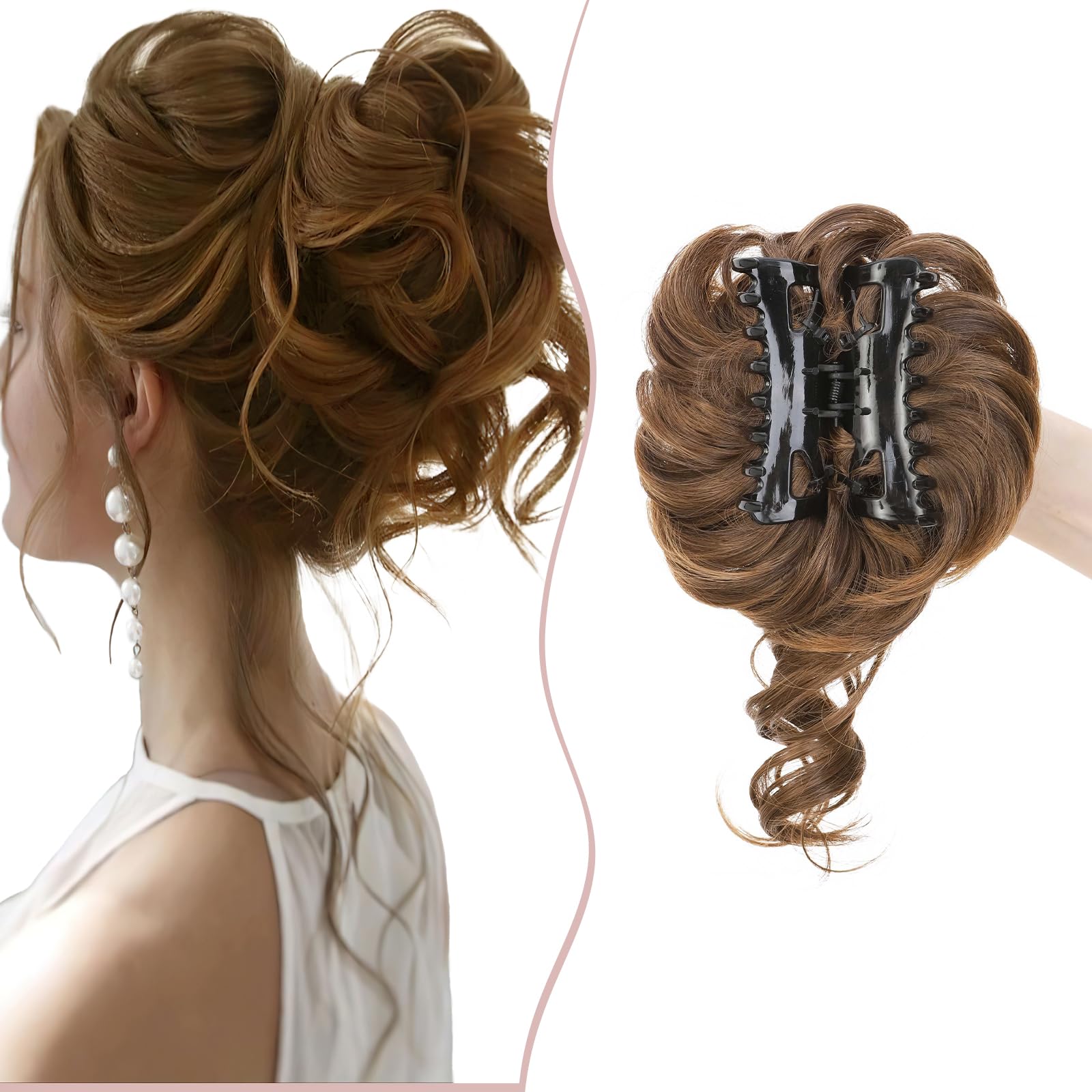 Claw Messy Bun Hairpieces Wavy Curly 75G Thick Hair Chignon Tousled Updo Doughnut Hair Bun Synthetic Ponytail, Light Brown & Coffee Brown