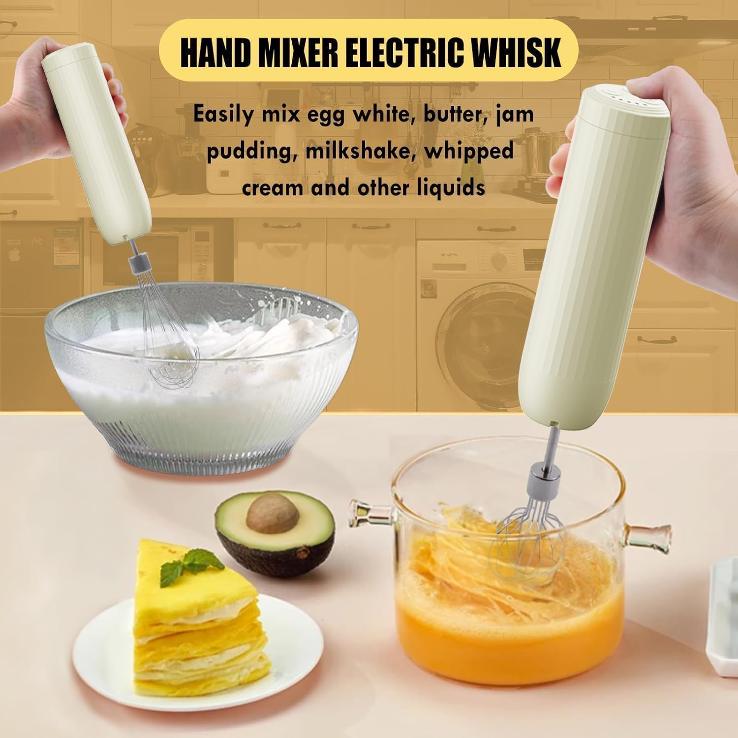3-in-1 Elektrischer Schneebesen, PowCube Handmixer, Kleiner Kabelloser Stabmixer, Mini Zwiebelhacker 300ML, Wiederaufladbarer Elektrischer Schneebesen, Tragbarer 4-Gang-Handmixer 6