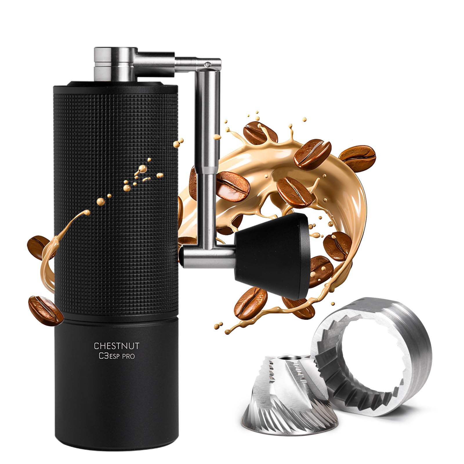 TIMEMORE Manual Stainless Steel Coffee Bean Grinder with Foldable Handle, Internal Adjustable Setting, Double Bearing Positioning for Espresso, Chestnut C3S ESP PRO Black