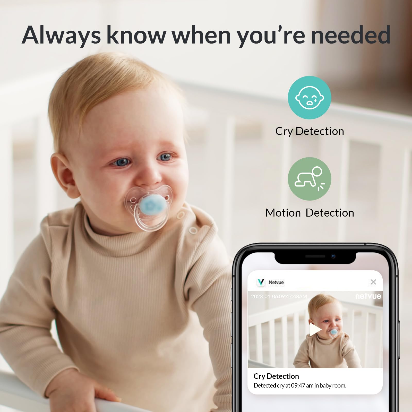 NETVUE Upgraded Baby Monitor Camera, 5000mAh Baby Camera Monitor Audio, Moniteur Bébé with Cry Detection, 5