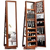 FANTASK 360°Rotating Jewelry Cabinet, Lockable Standing Jewelry Organizer w/Full Length Mirror, Inside Mirror & Rear Storage Shelves, Large Storage Capacity, Jewelry Armoire w/Mirror for Bedroom