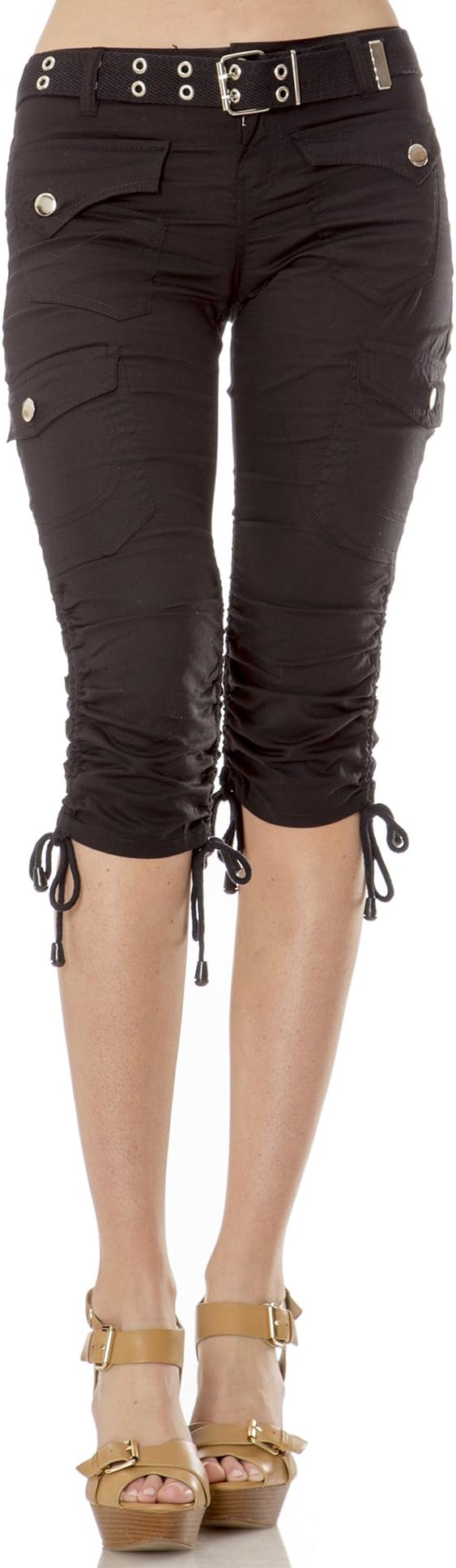 Helium London Womens Stretch Poplin Cargo Capri with Web Belt