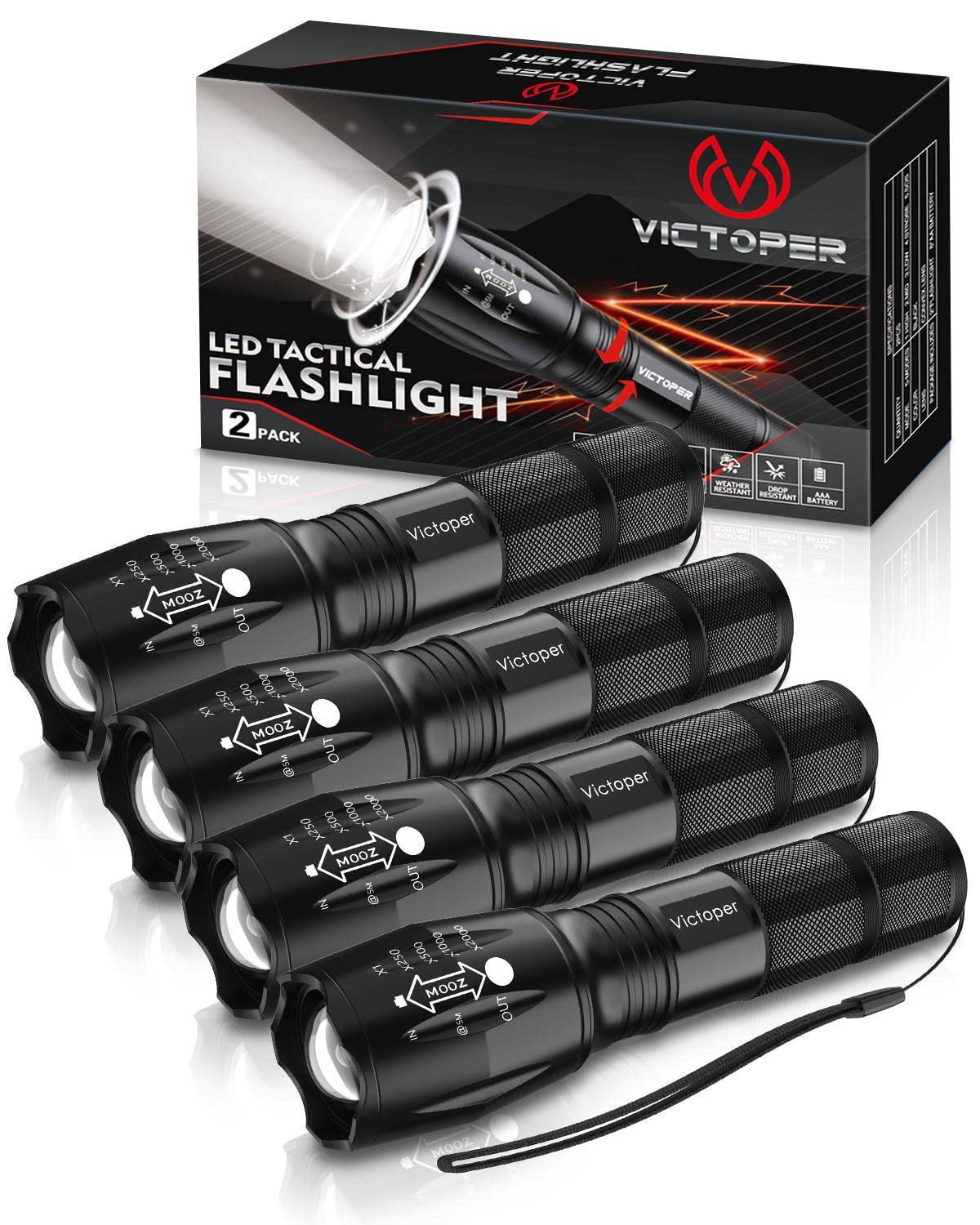 Photo 1 of Victoper LED Flashlight 4 Pack, Bright Tactical Torch High Lumens with 5 Modes, Waterproof Zoomable Flash Light for Outdoor, Gifts for Hunting Camping Essentials Gear