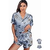WJing Yi Jia Womens 3Pcs Satin Pajamas Set Floral Silk Pajama Sets Stripe Lounge Set Silky Sleepwear XS-2XL Pjs Long Scarves