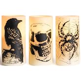 Hbaushun Halloween Flameless Candles LED Flickering Candles with Skull, Crow, Spider Web Decals,Battery Operated with 6 Hour Timer Halloween Decorations Horror Themed Candles(3 Pack, D3 x H6)