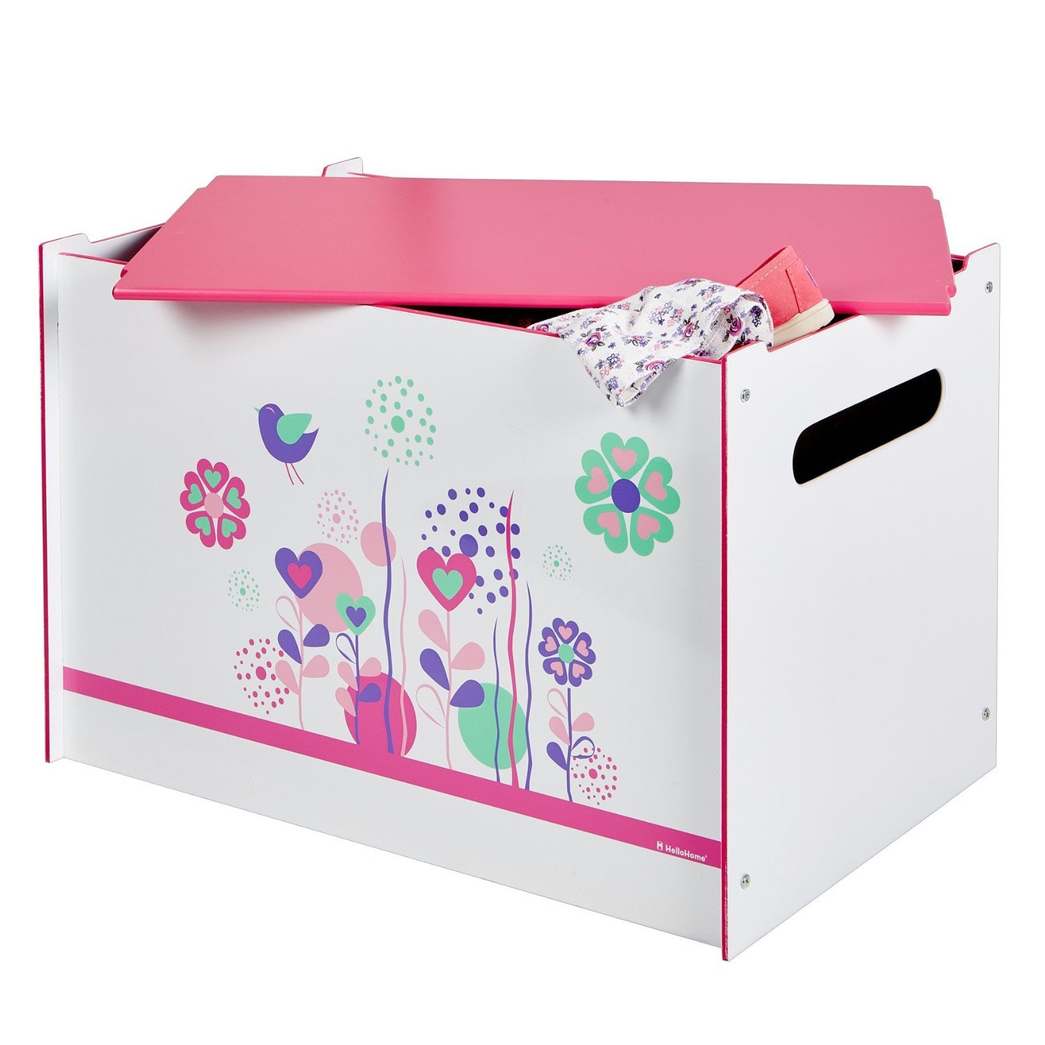 Worlds Apart Flowers and Birds Kids Toy Box - Childrens Bedroom Storage Chest with Bench Lid by HelloHome, White, 39.5x39.5x60.0 cm