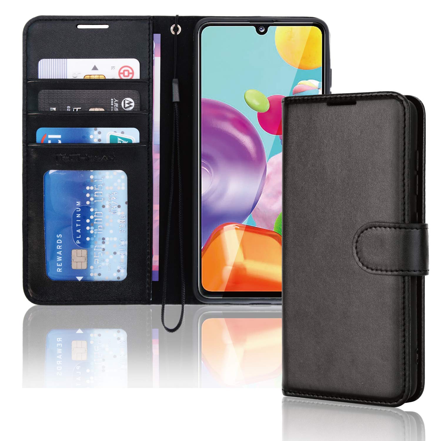 TECHGEAR Galaxy A41 Leather Wallet Case, Flip Protective Case Cover with Wallet Card Holder, Stand and Wrist Strap - Black PU Leather with Magnetic Closure Designed For Samsung Galaxy A41