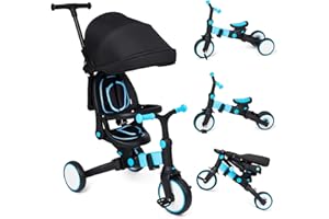 Klysiora Baby Tricycle 7-in-1 Folding Children's Tricycle Gift for Toddlers 1-6 Years Pushchair with Adjustable Parental Handle, Removable Pedals, Canopy, Seat Belt and Guardrails